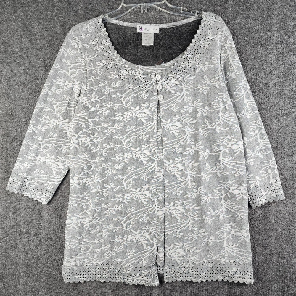 Maggie Sweet Top Womens S Grey White Floral Eyelet Lace Trim 3/4 Sleeve Knit